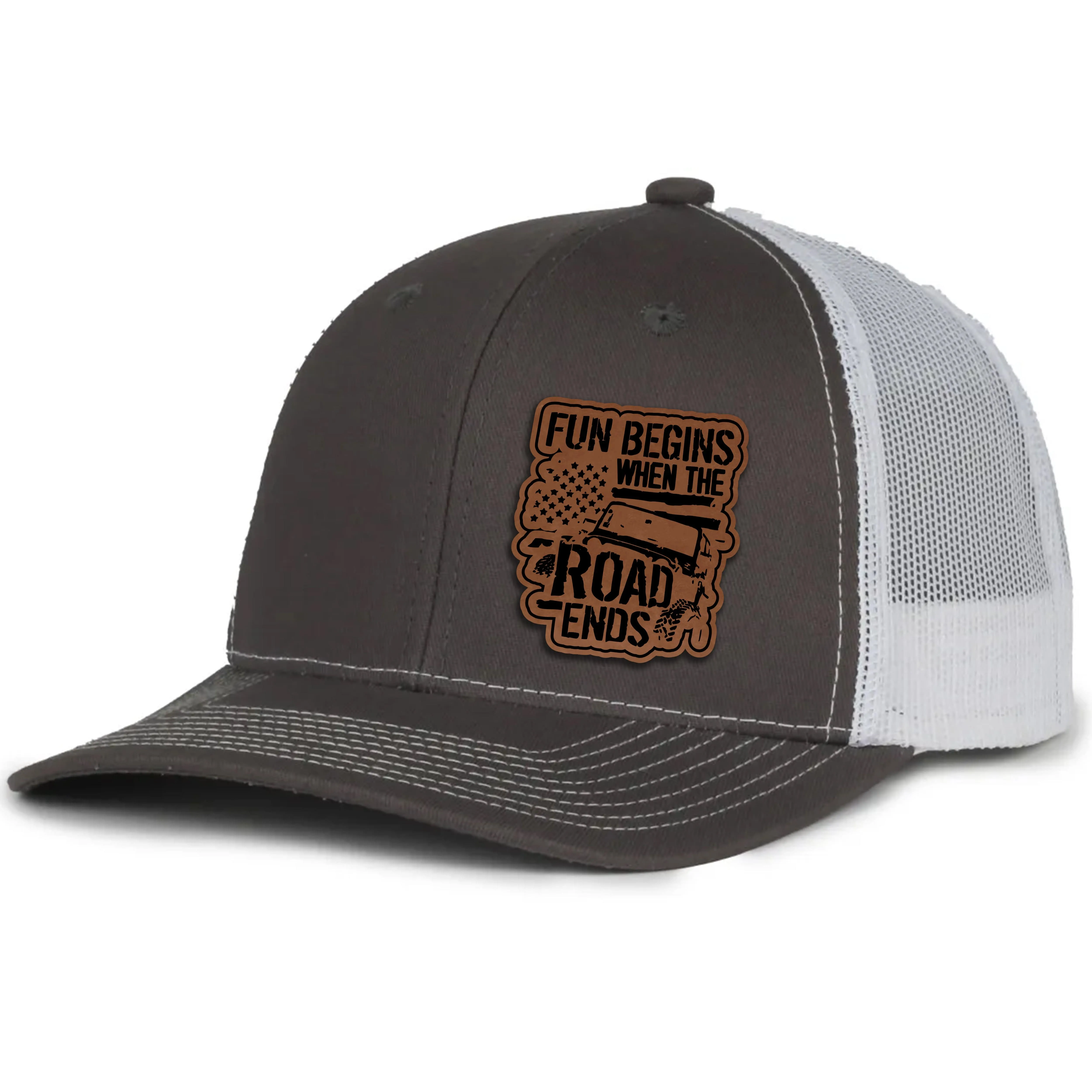 Fun Begins When The Road Ends Leather Patch Hat