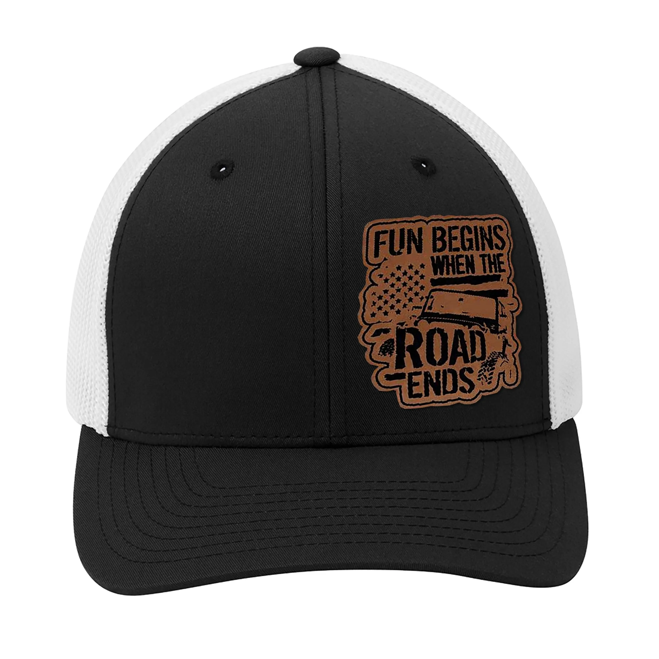 Fun Begins When The Road Ends Leather Patch Hat