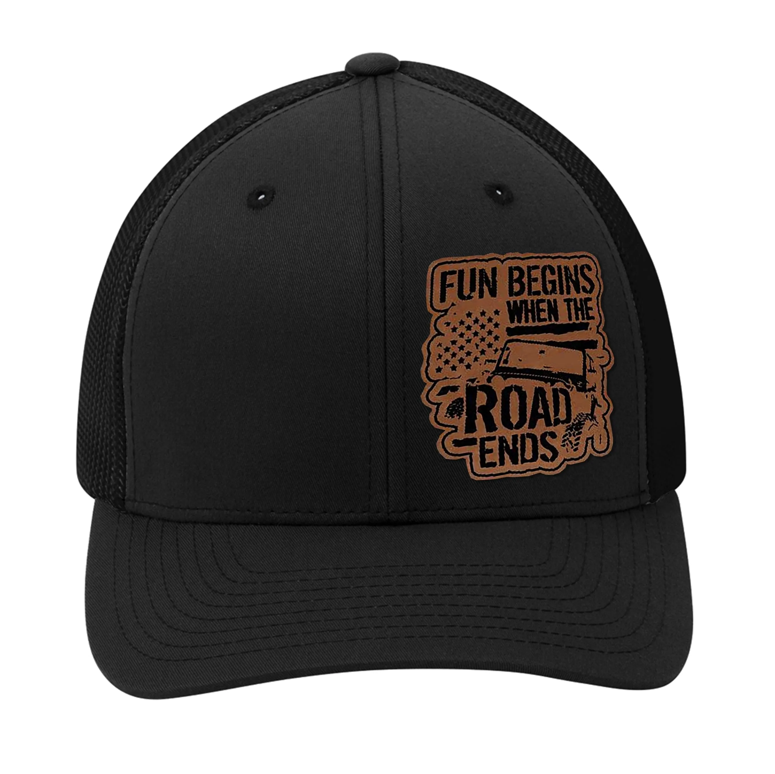 Fun Begins When The Road Ends Leather Patch Hat