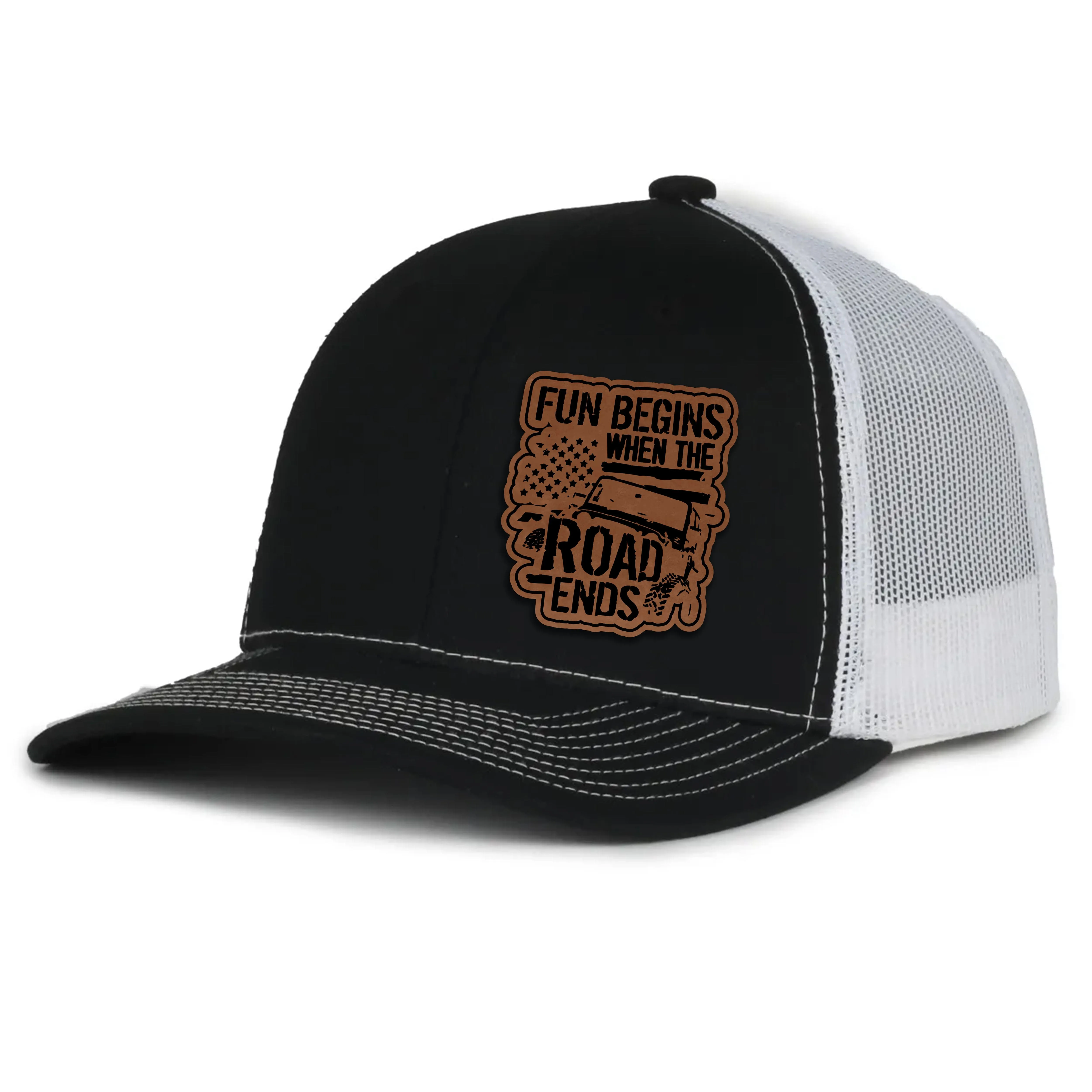 Fun Begins When The Road Ends Leather Patch Hat