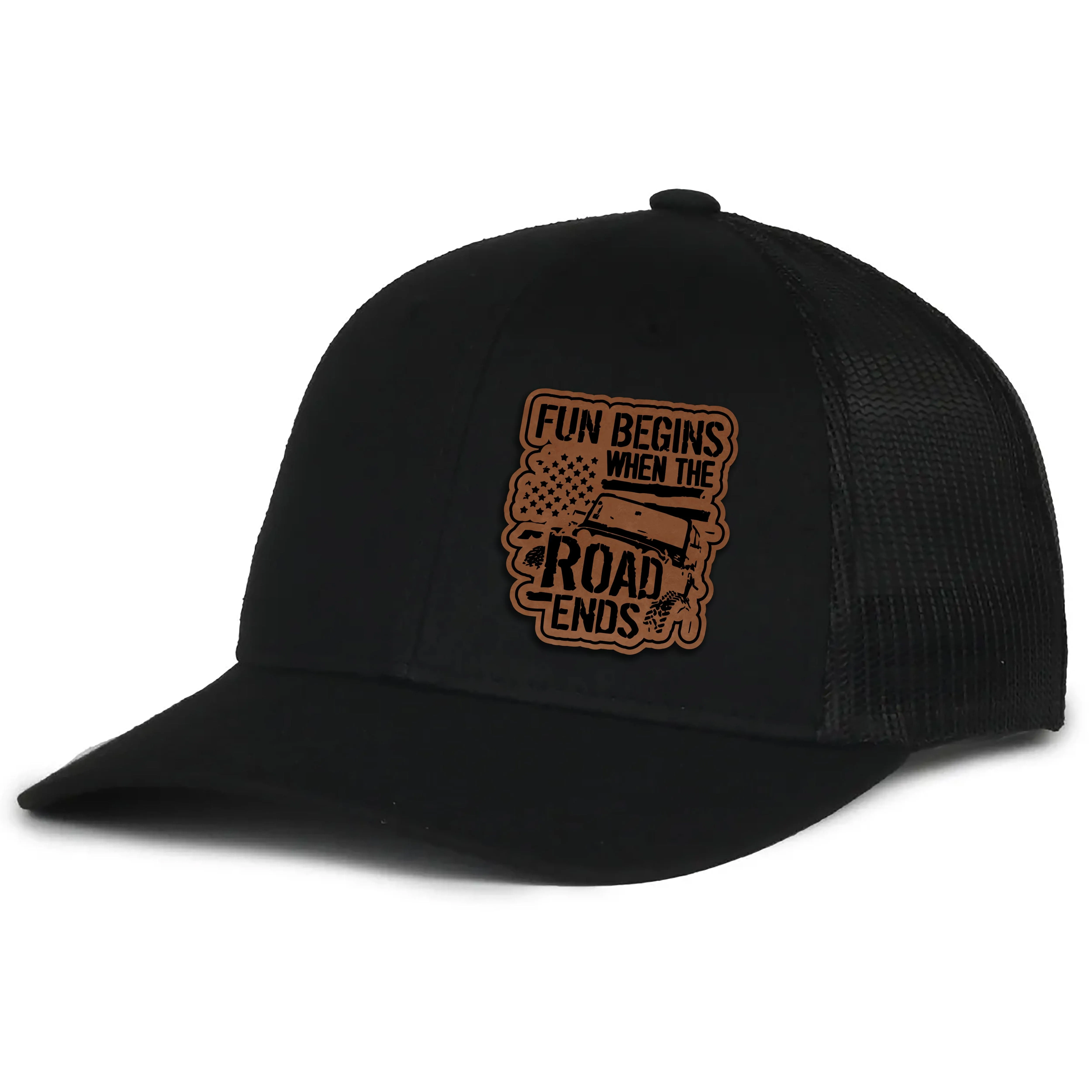 Fun Begins When The Road Ends Leather Patch Hat
