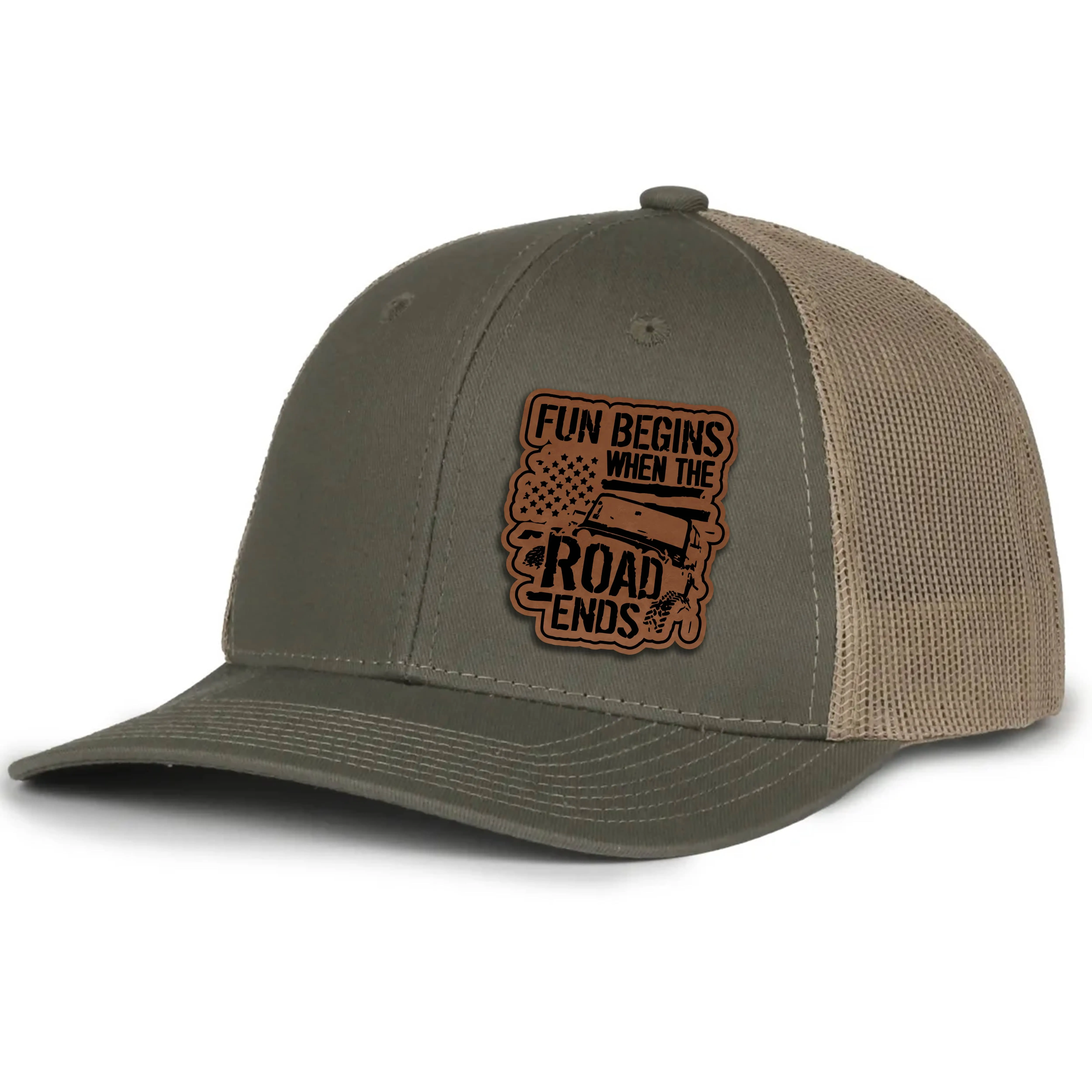 Fun Begins When The Road Ends Leather Patch Hat