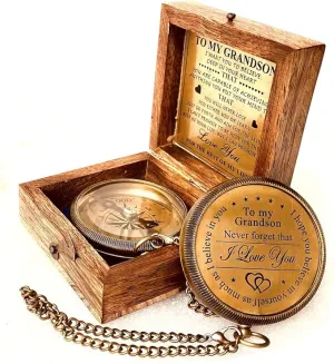 Gift for Grandson Brass Compass Engraved Quote | Memory Present to My Grandson Birthday, Baptism, Graduation, Confirmation, Love, Gift idea by Grandpa Grandma