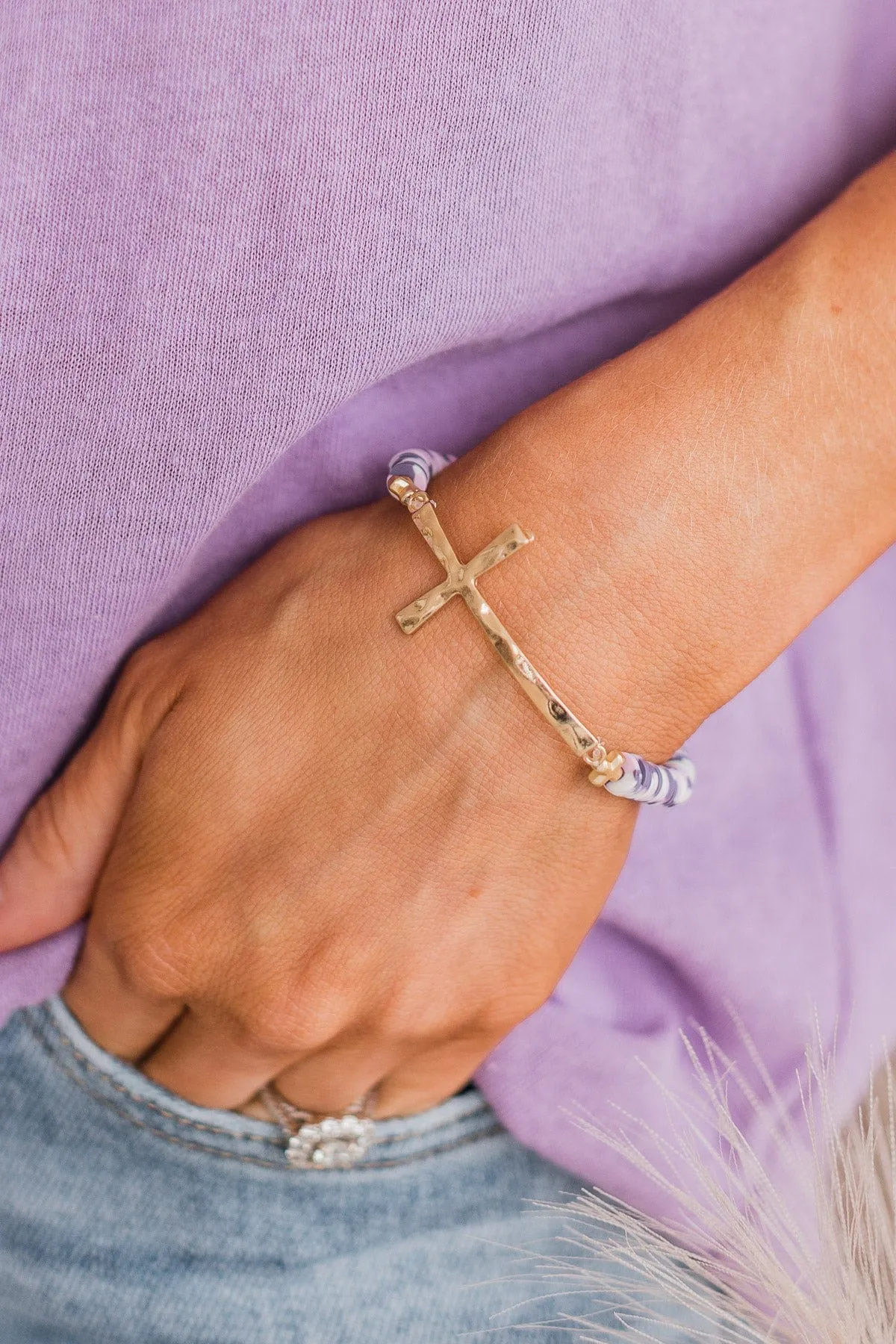 Graceful Style Beaded Cross Bracelet- Purple & Gold