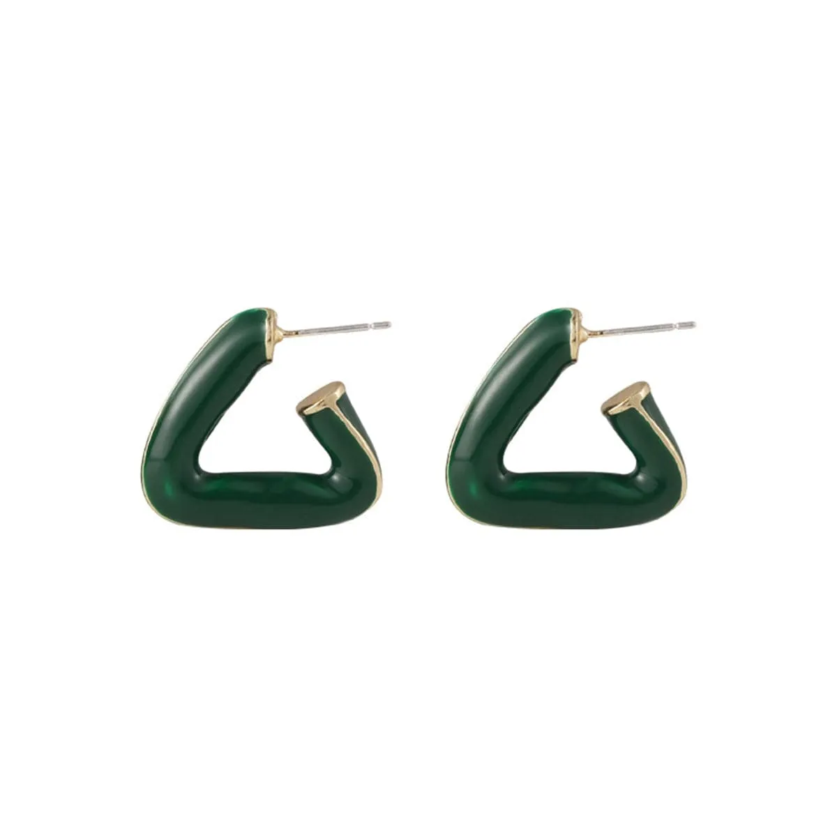 Green Enamel & 18K Gold-Plated Open Triangle Huggie Earrings