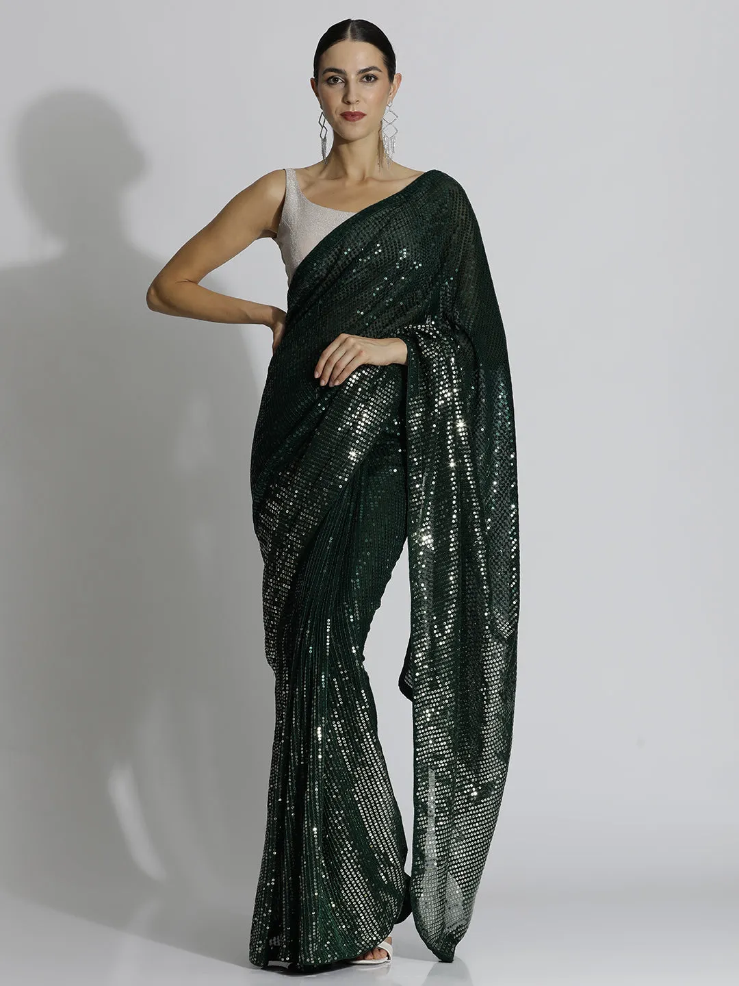 Green Sequin Embroidered Party Wear Tissue Saree