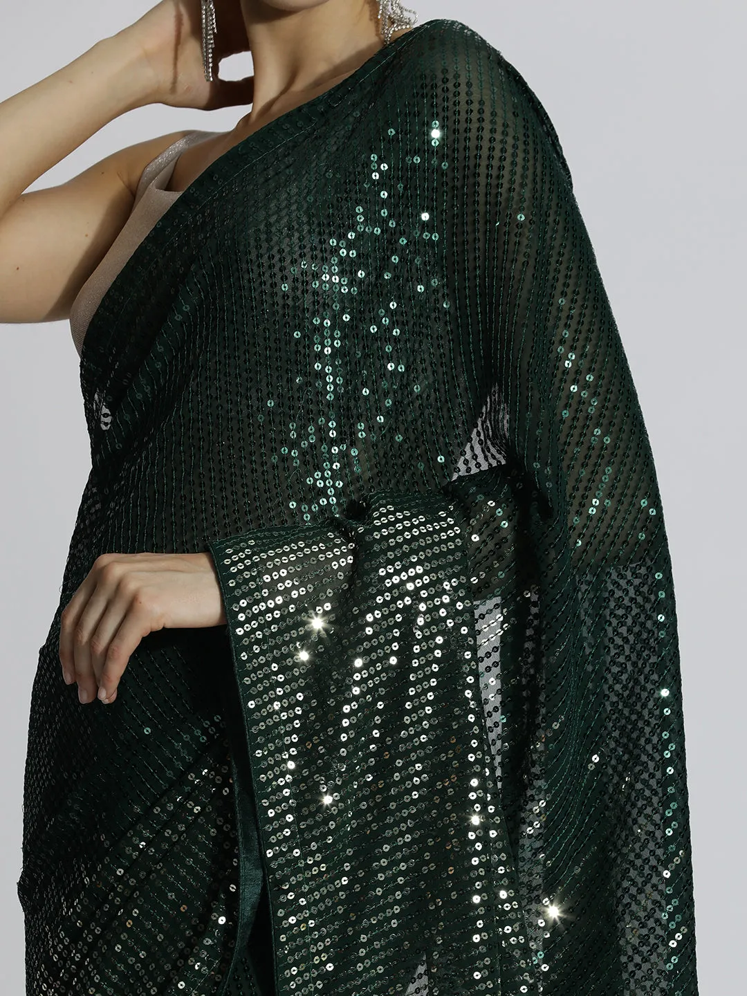 Green Sequin Embroidered Party Wear Tissue Saree