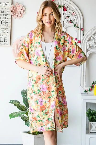 Half Sleeve Multi Color Floral Open Cardigan Plus Size