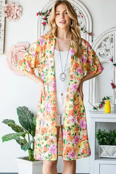 Half Sleeve Multi Color Floral Open Cardigan Plus Size