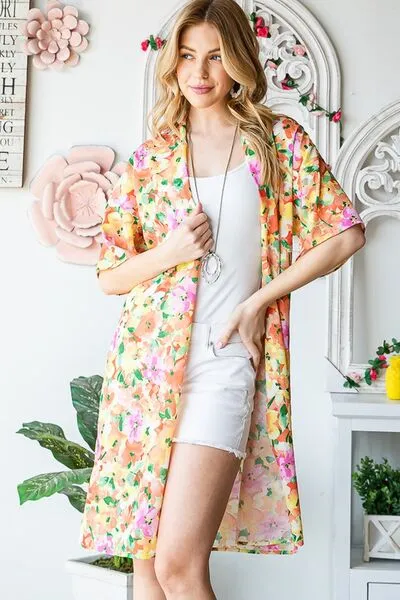 Half Sleeve Multi Color Floral Open Cardigan Plus Size