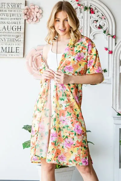 Half Sleeve Multi Color Floral Open Cardigan Plus Size