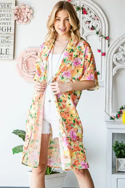 Half Sleeve Multi Color Floral Open Cardigan Plus Size