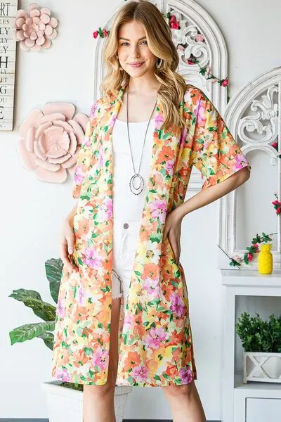 Half Sleeve Multi Color Floral Open Cardigan Plus Size