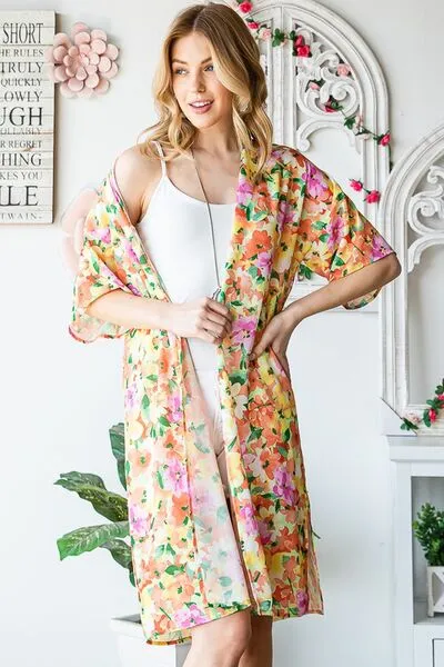 Half Sleeve Multi Color Floral Open Cardigan Plus Size