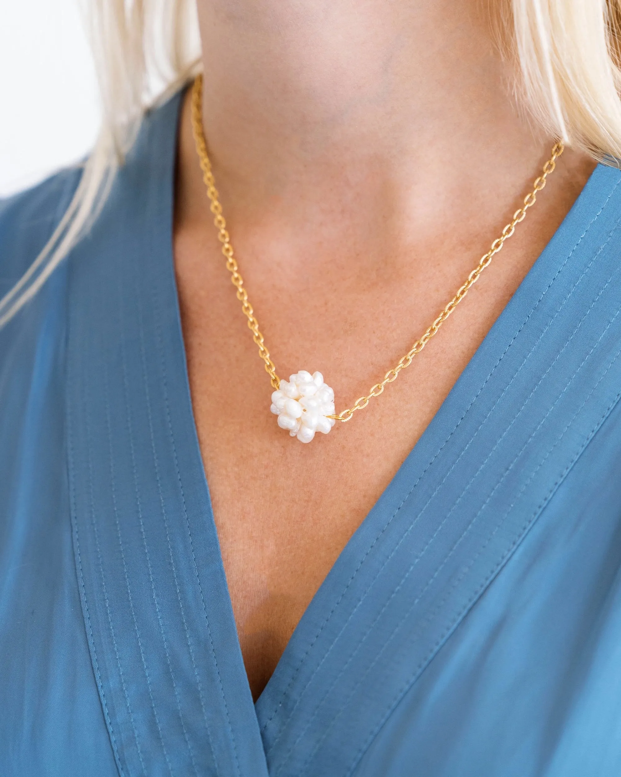 Handcast Gold Dainty Chain and Genuine Freshwater Pearl Cluster Necklace