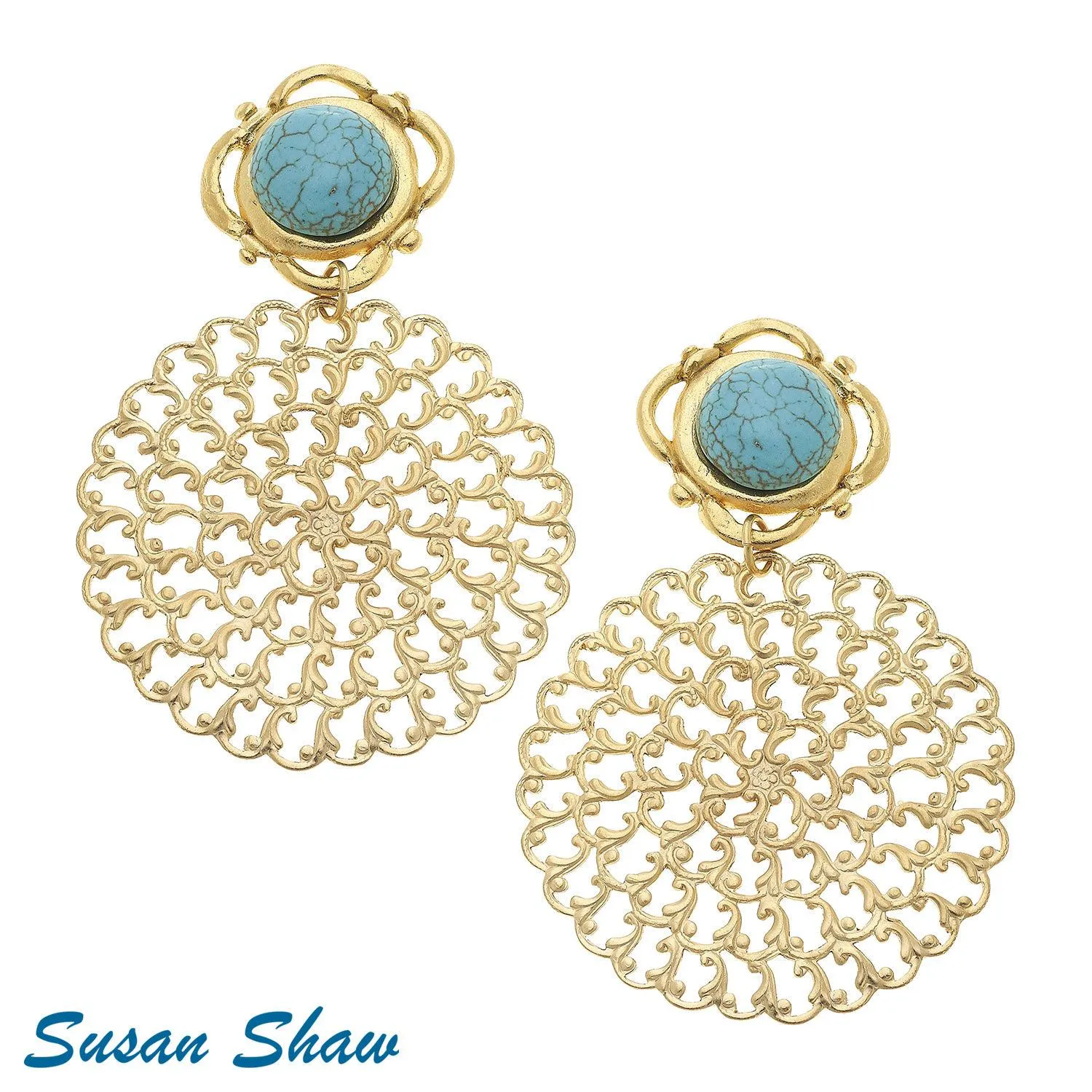 Handcast Gold Filigree & Genuine Turquoise Clip Earrings.
