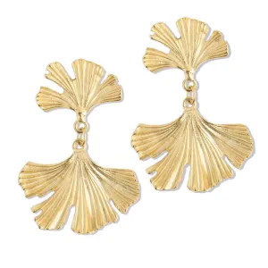 Handcast Gold Ginkgo Leaf Dangle Earrings