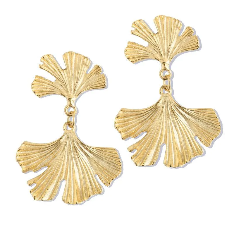 Handcast Gold Ginkgo Leaf Dangle Earrings