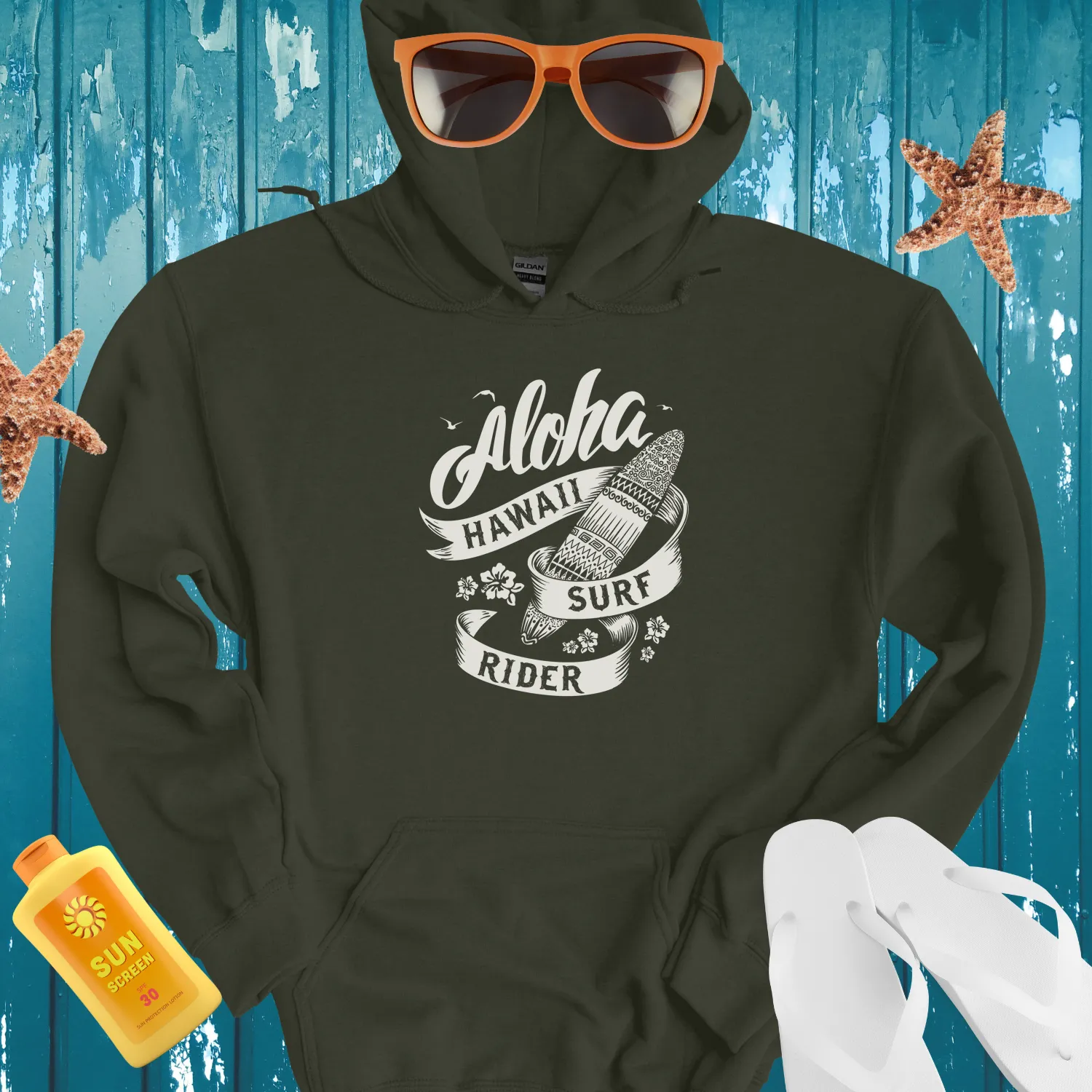 Hawaiian Surf Rider Hoodie Black And White Design