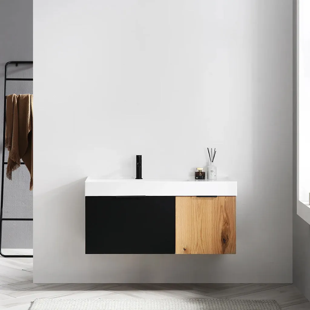 Lugano 2 Drawers Bathroom Vanity with Acrylic Sink - Wall Mount - 42" Wood/Matte Black Glass/Maple