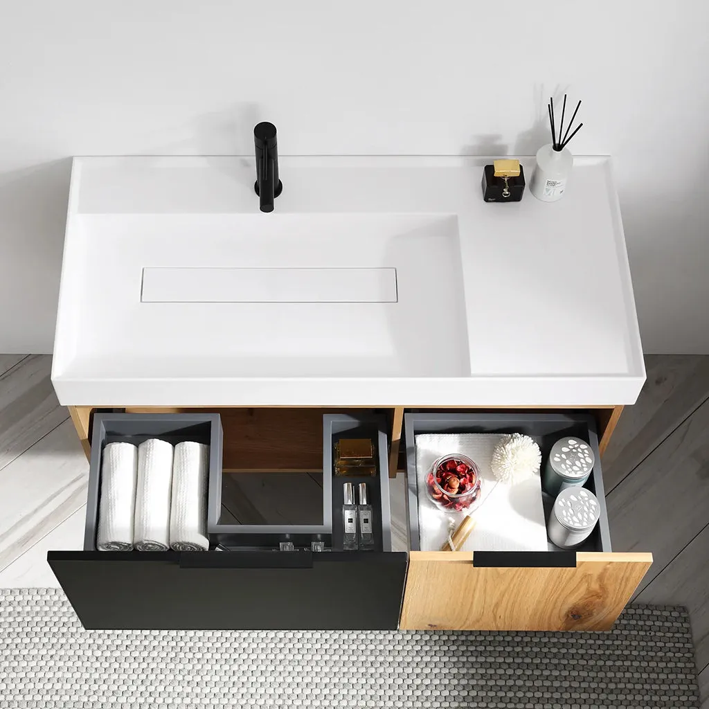 Lugano 2 Drawers Bathroom Vanity with Acrylic Sink - Wall Mount - 42" Wood/Matte Black Glass/Maple