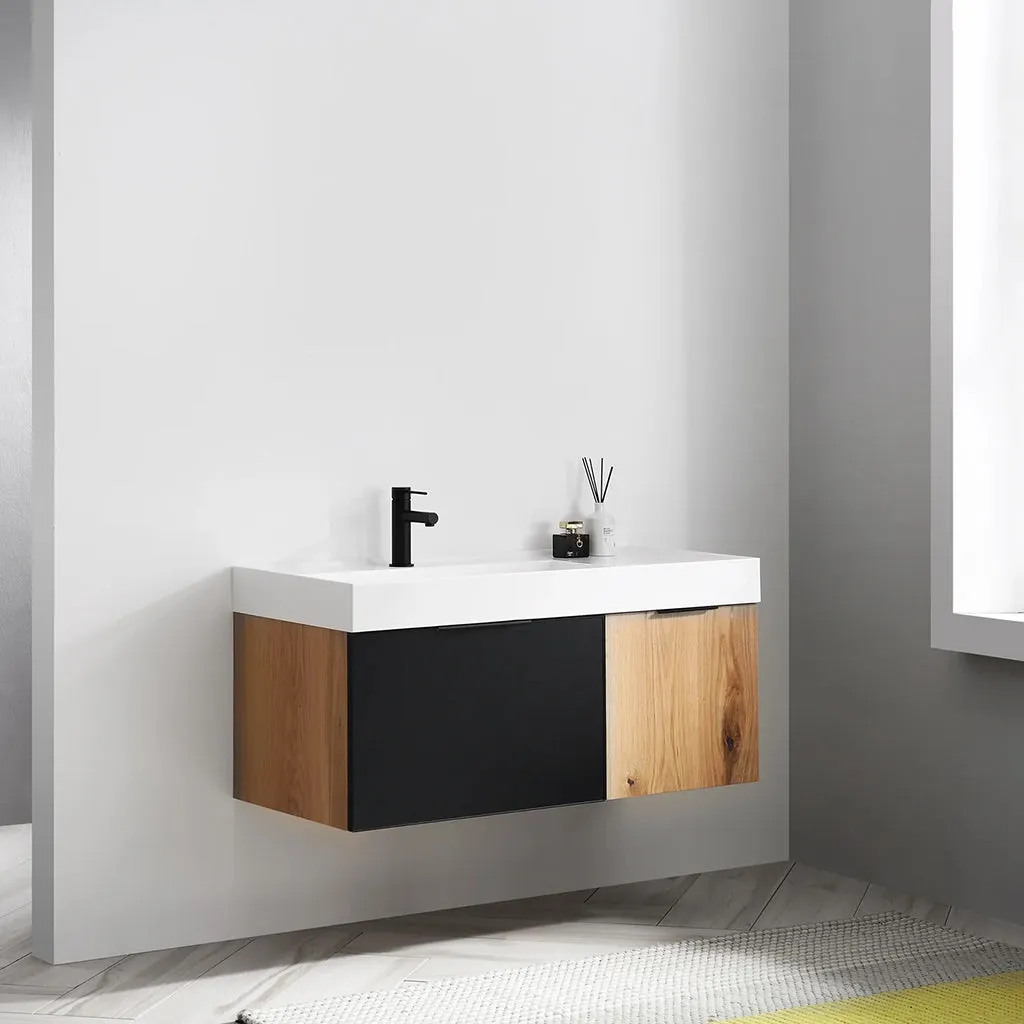 Lugano 2 Drawers Bathroom Vanity with Acrylic Sink - Wall Mount - 42" Wood/Matte Black Glass/Maple