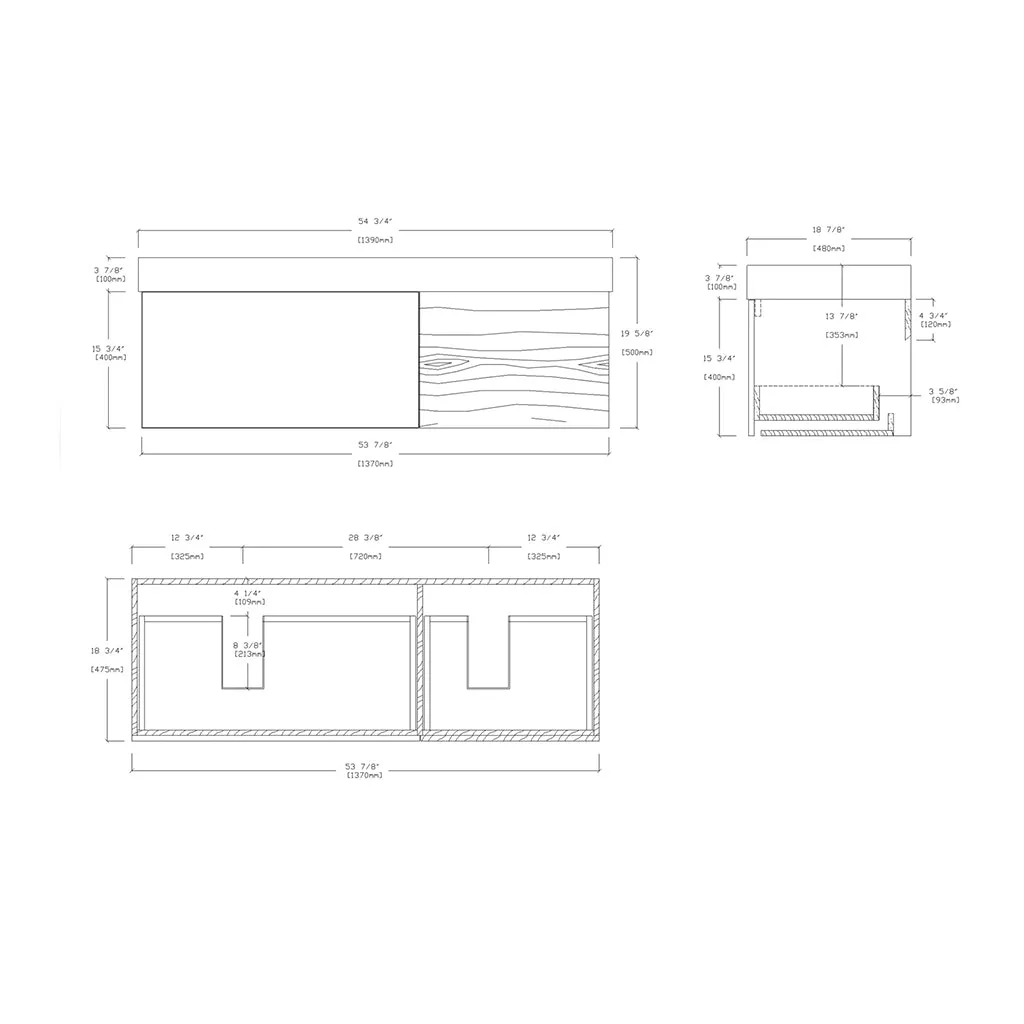 Lugano 2 Drawers Bathroom Vanity with Acrylic Sink - Wall Mount - 55" Wood/Matte Black Glass/Maple