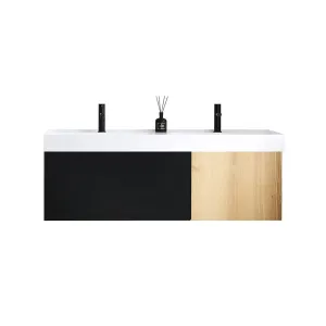 Lugano 2 Drawers Bathroom Vanity with Acrylic Sink - Wall Mount - 55" Wood/Matte Black Glass/Maple