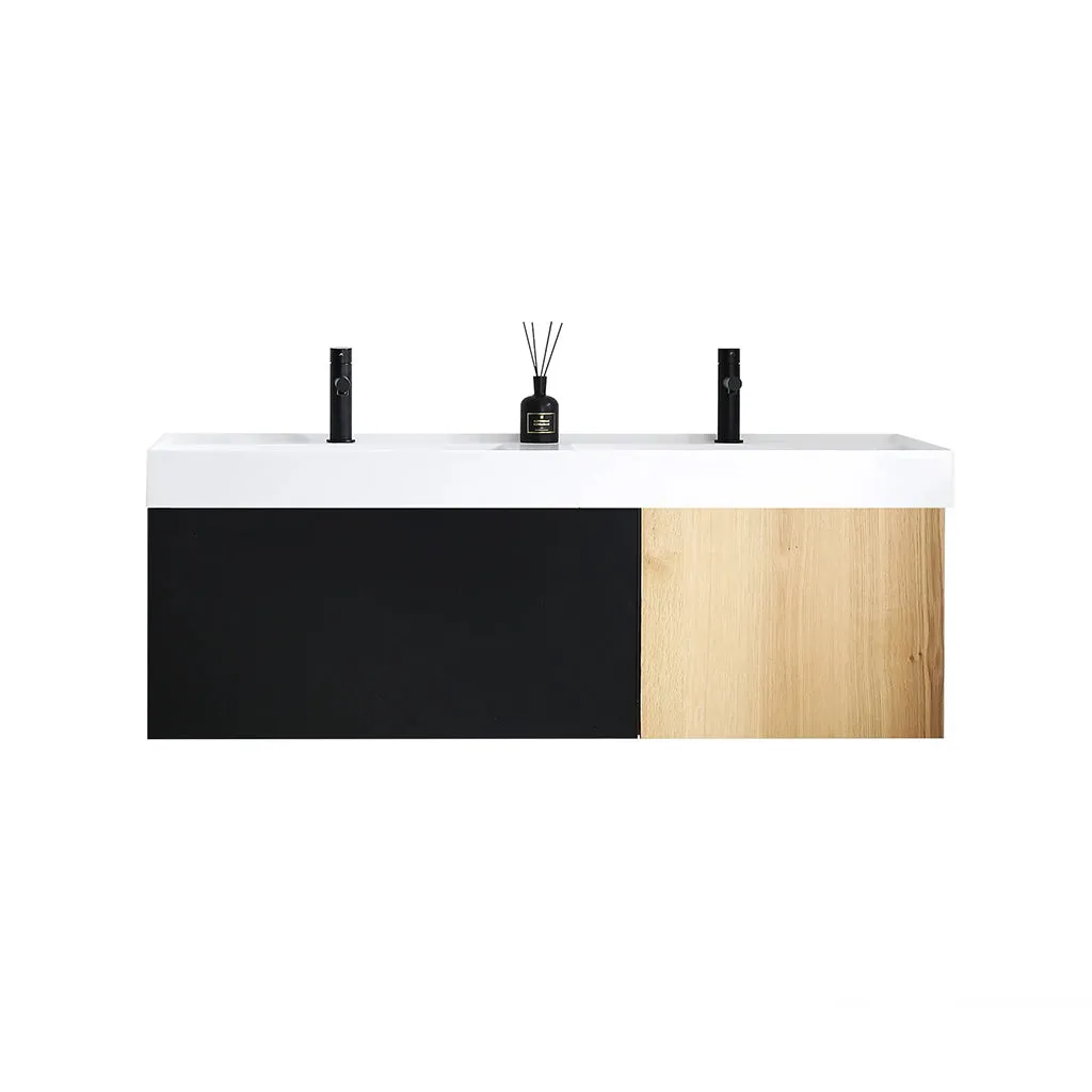 Lugano 2 Drawers Bathroom Vanity with Acrylic Sink - Wall Mount - 55" Wood/Matte Black Glass/Maple