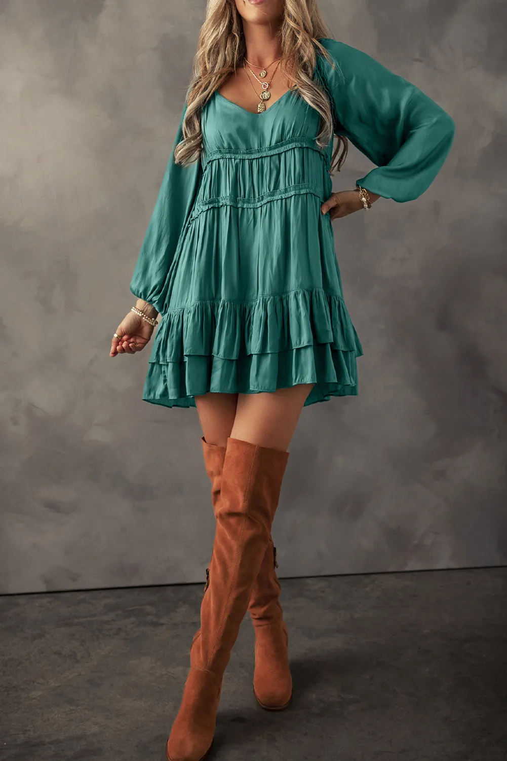 Mackenzie, Puff Sleeve Ruffle Mini Dress