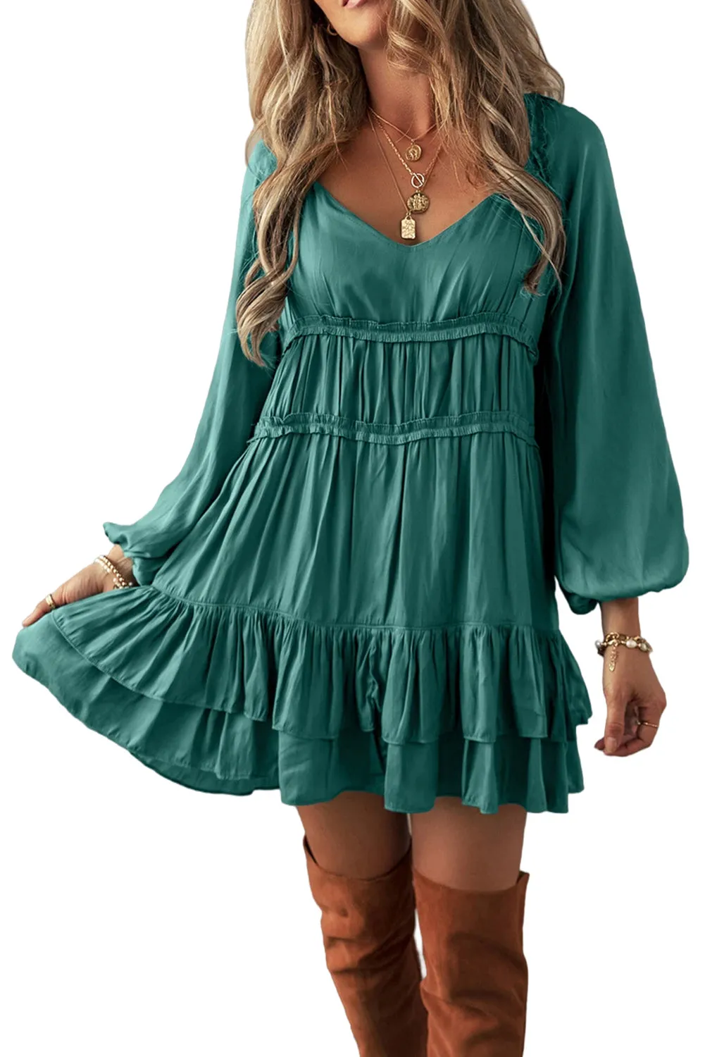 Mackenzie, Puff Sleeve Ruffle Mini Dress