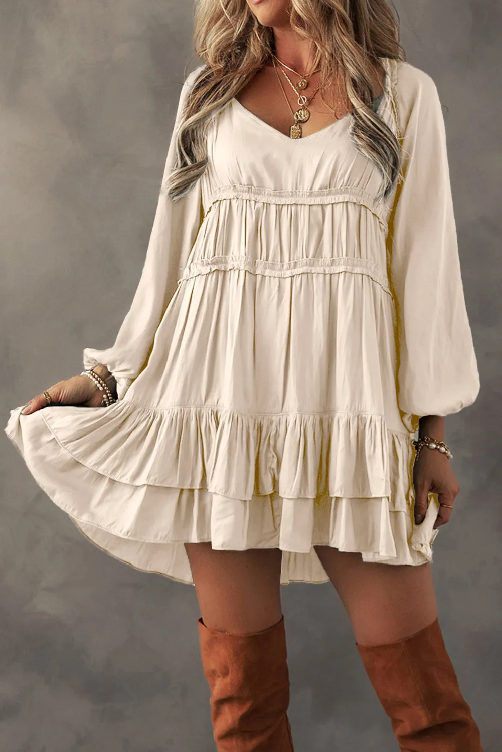 Mackenzie, Puff Sleeve Ruffle Mini Dress