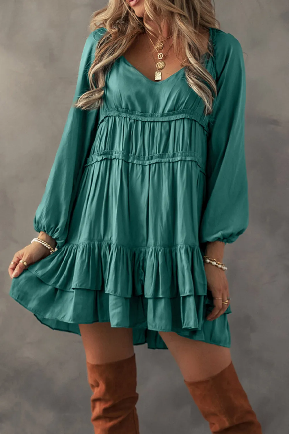 Mackenzie, Puff Sleeve Ruffle Mini Dress