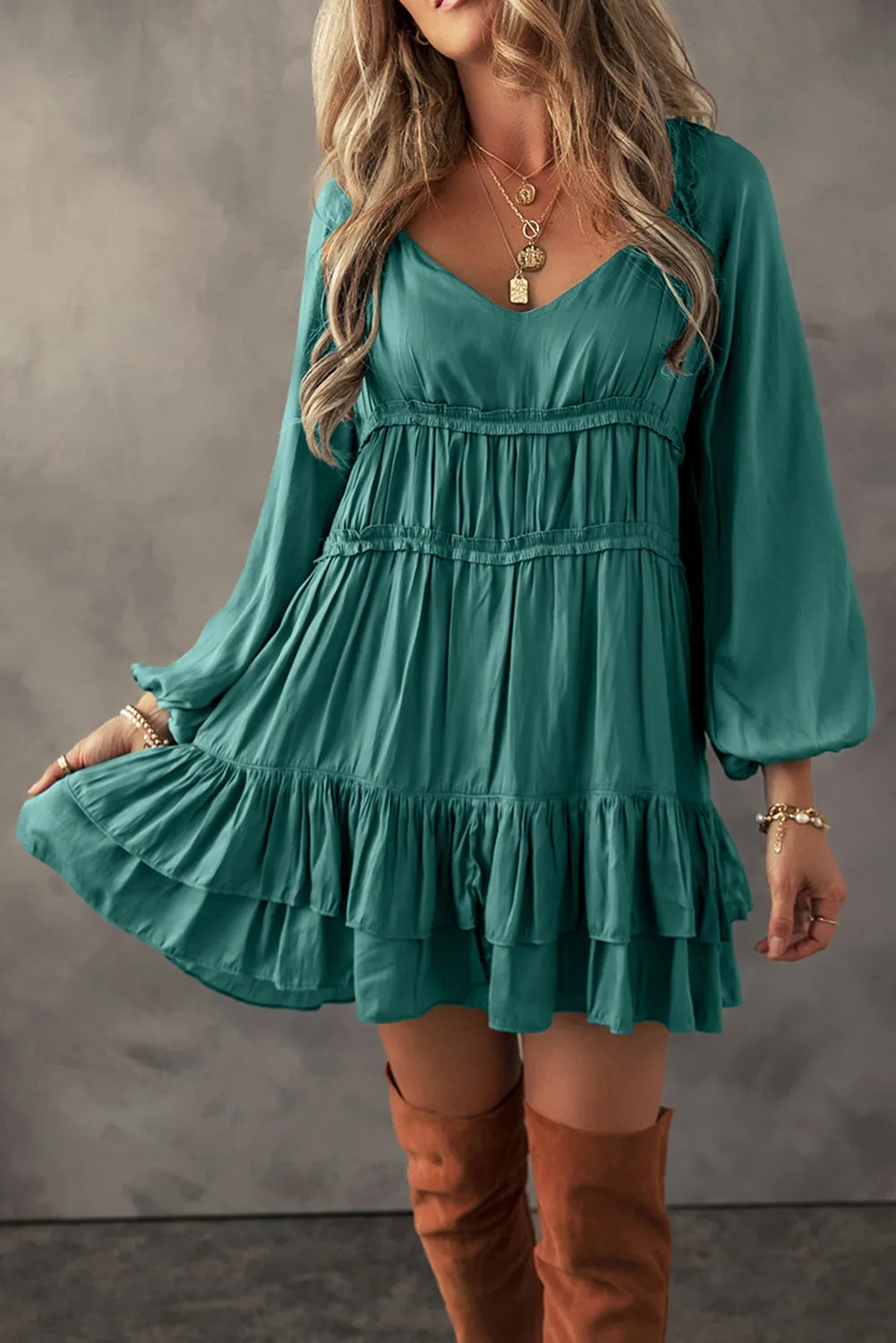 Mackenzie, Puff Sleeve Ruffle Mini Dress