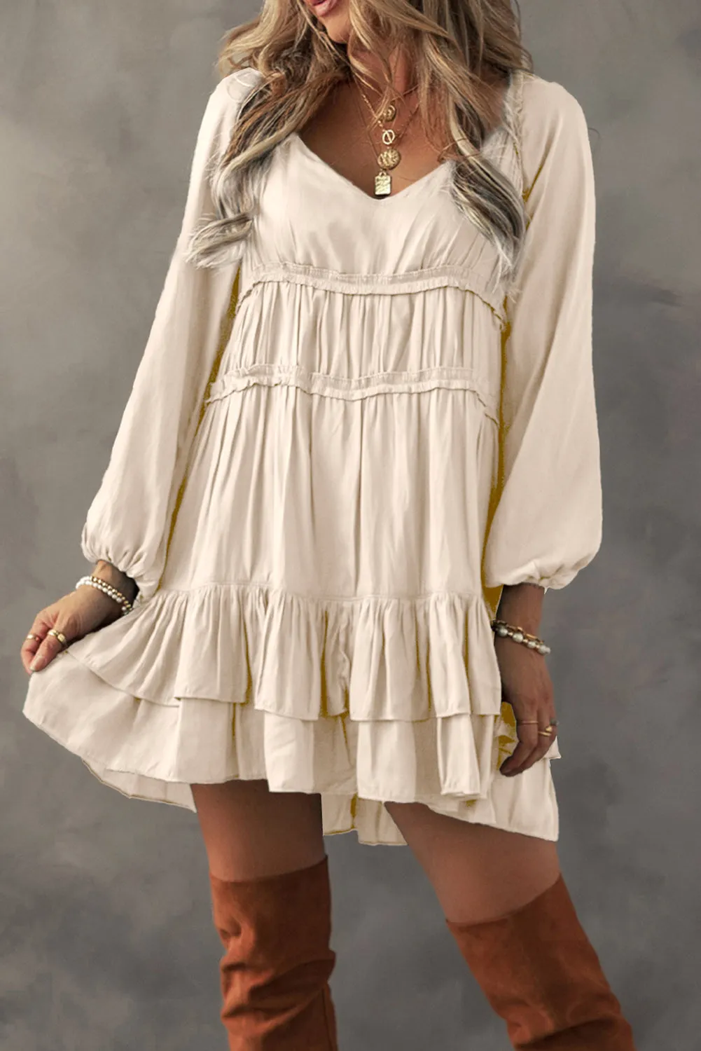 Mackenzie, Puff Sleeve Ruffle Mini Dress