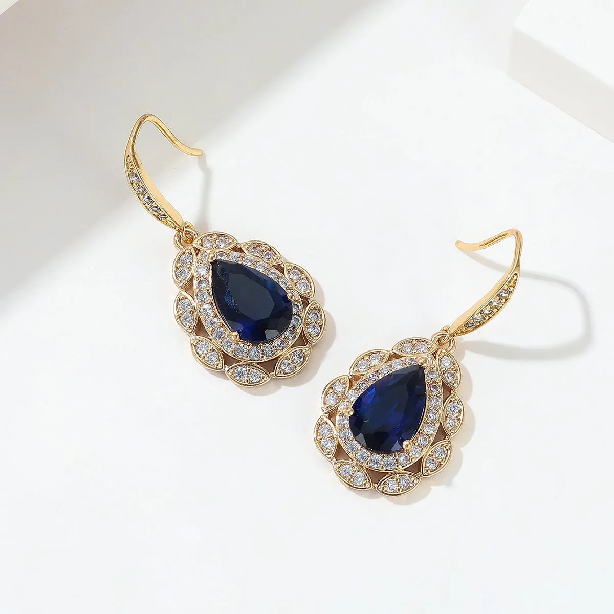 Navy Crystal & Cubic Zirconia Openwork Teardrop Earrings