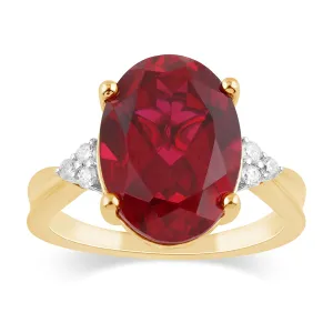 Oval Shaped Created Ruby Ring with 0.10ct of Diamonds in 9ct Yellow Gold