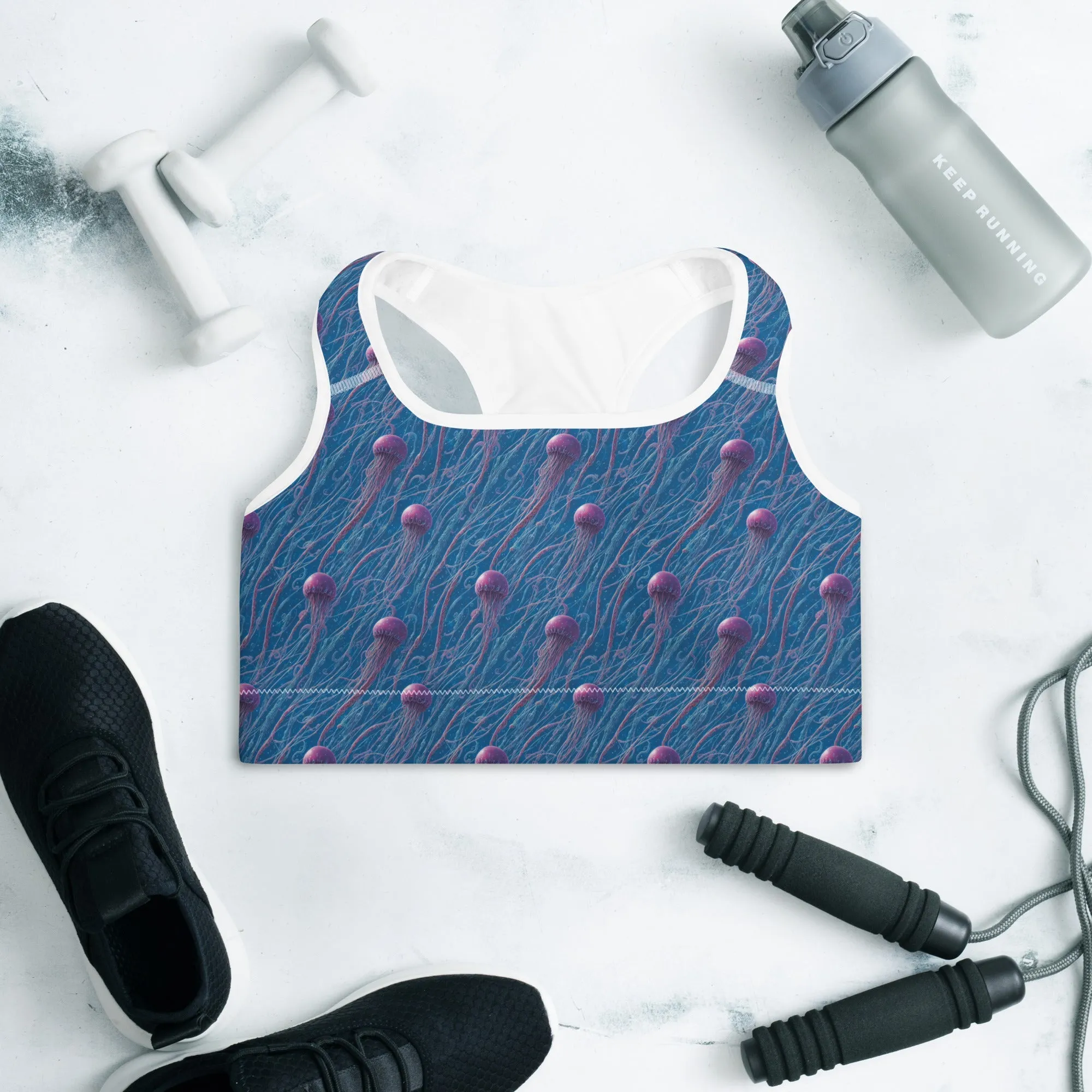 Padded Sports Bra - Blue And Violet Jellyfishes
