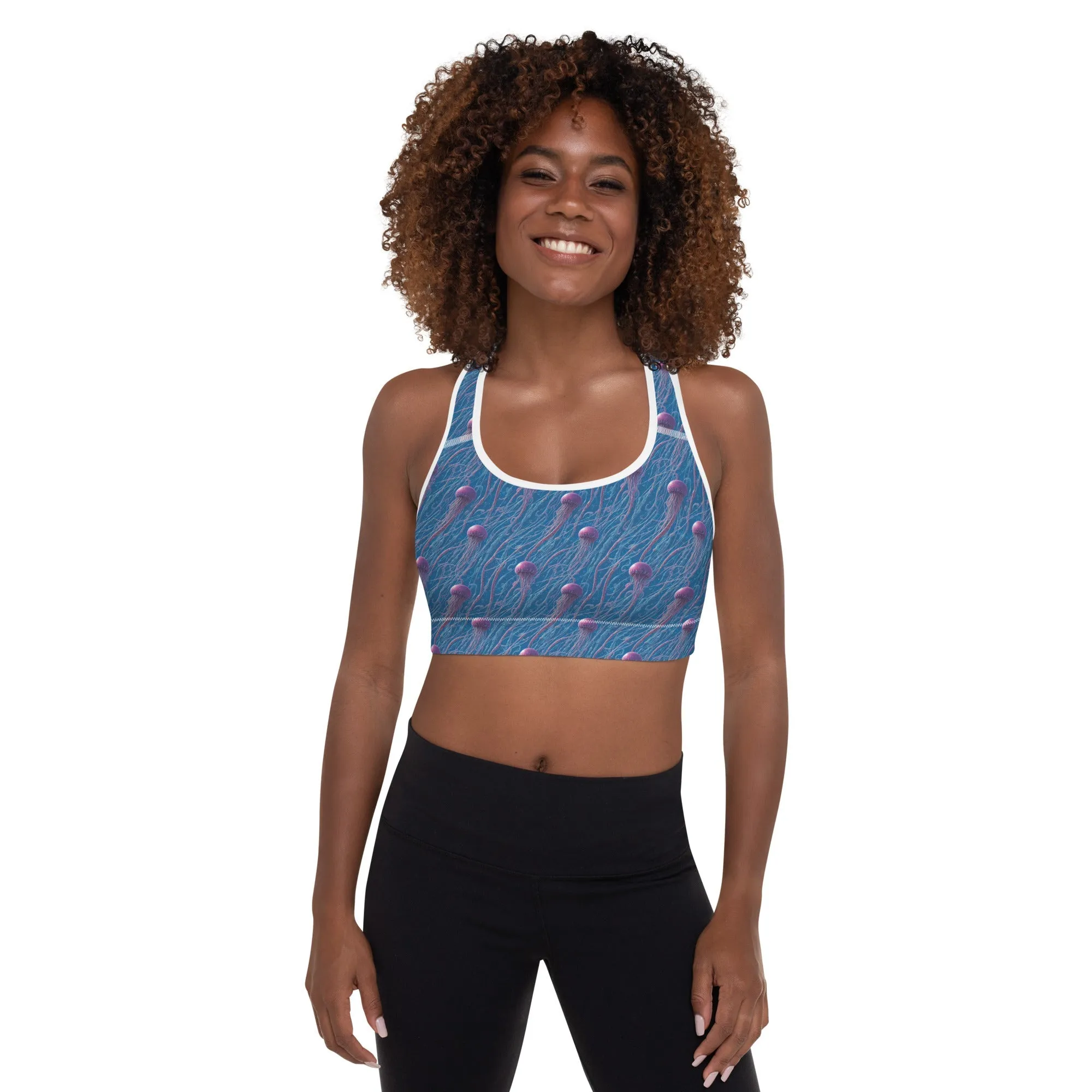 Padded Sports Bra - Blue And Violet Jellyfishes