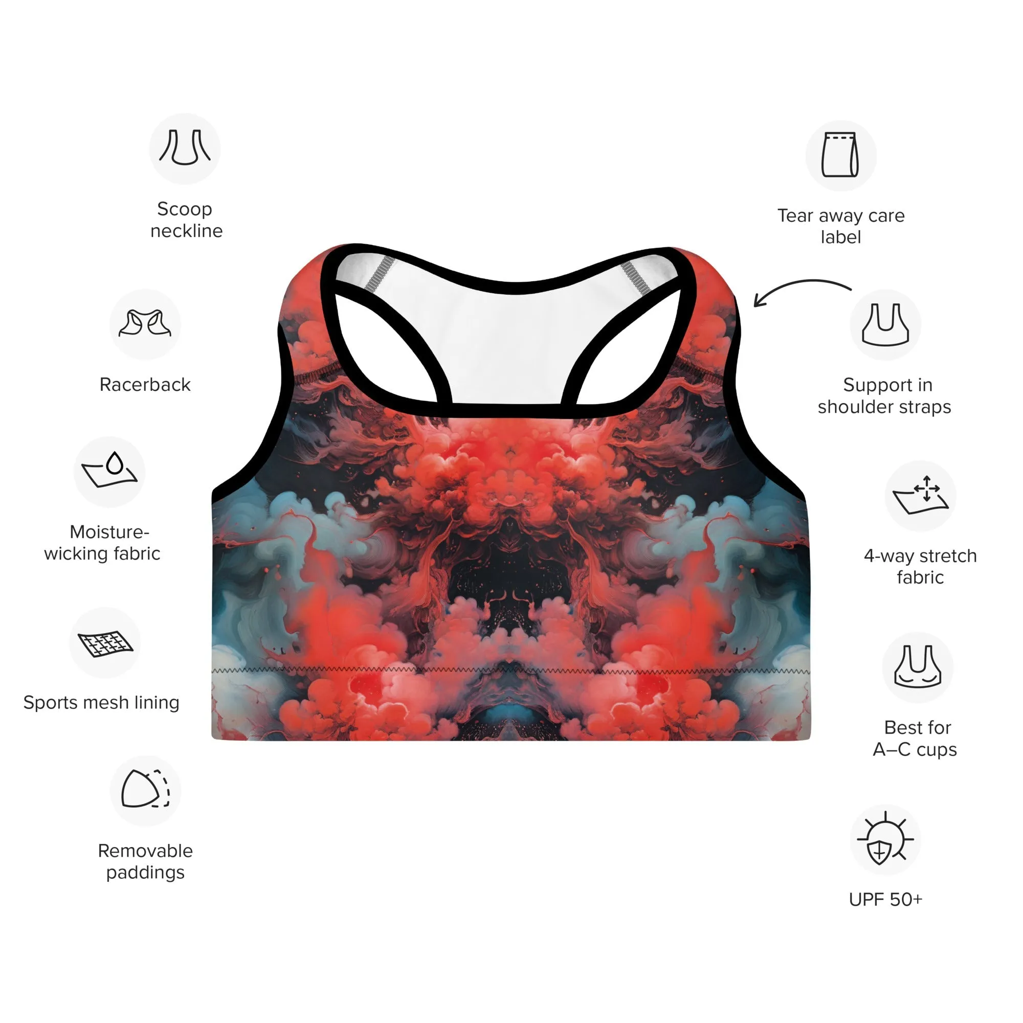 Padded Sports Bra - Ethereal Crimson Flow - Dark