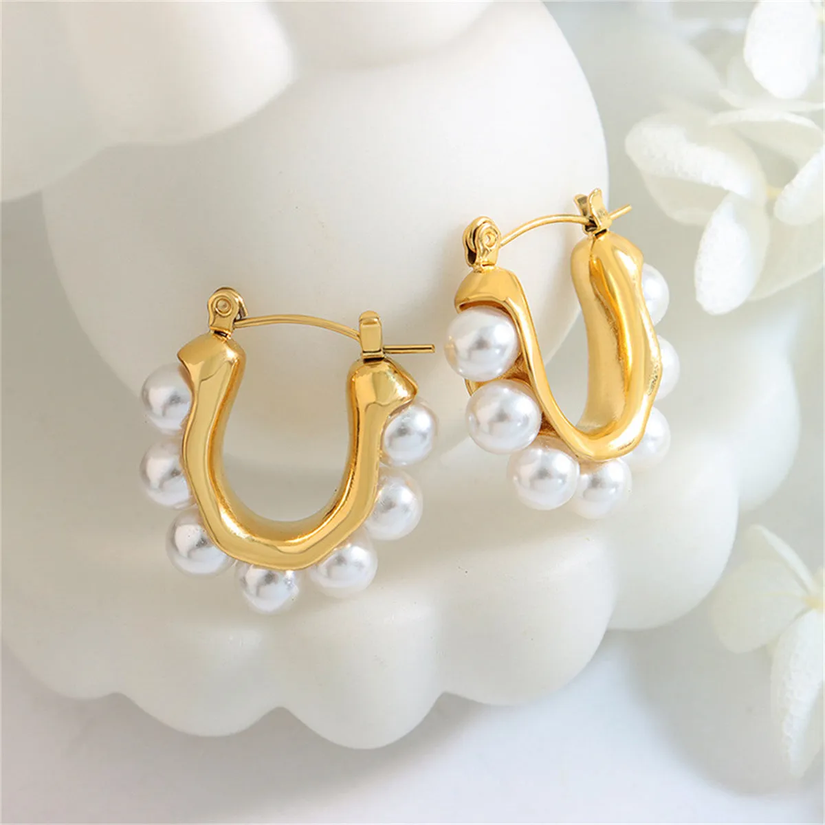 Pearl & 18K Gold-Plated U-Shaped Huggie Earrings
