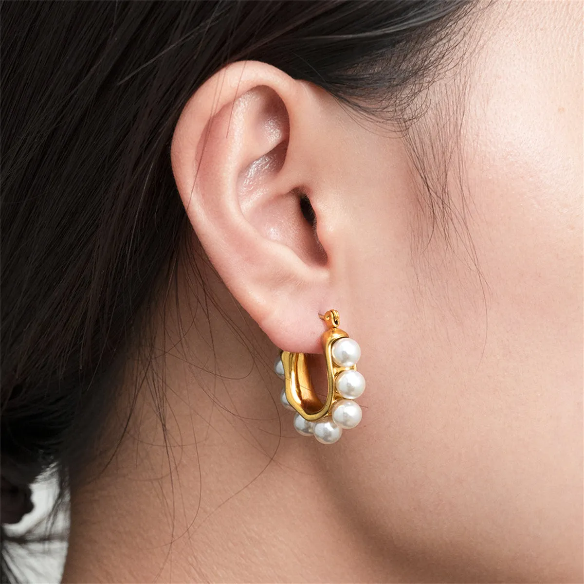 Pearl & 18K Gold-Plated U-Shaped Huggie Earrings