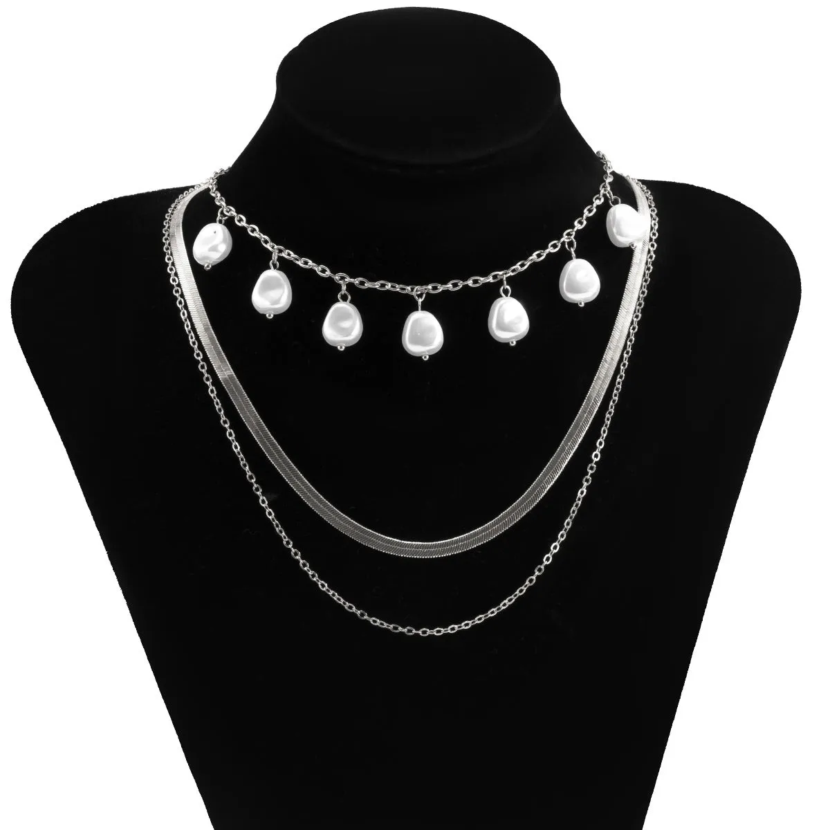 Pearl & Silver-Plated Drop Station Layered Chain Necklace
