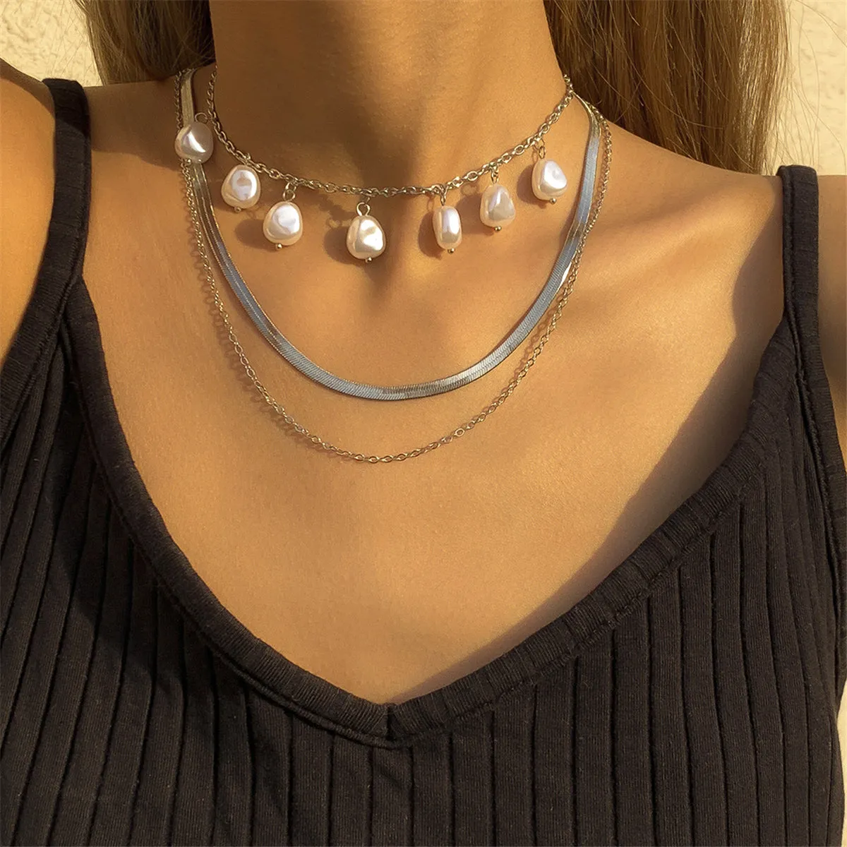 Pearl & Silver-Plated Drop Station Layered Chain Necklace