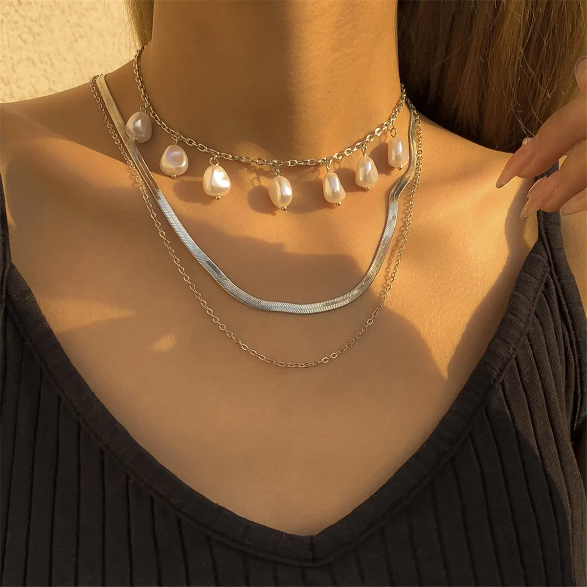 Pearl & Silver-Plated Drop Station Layered Chain Necklace