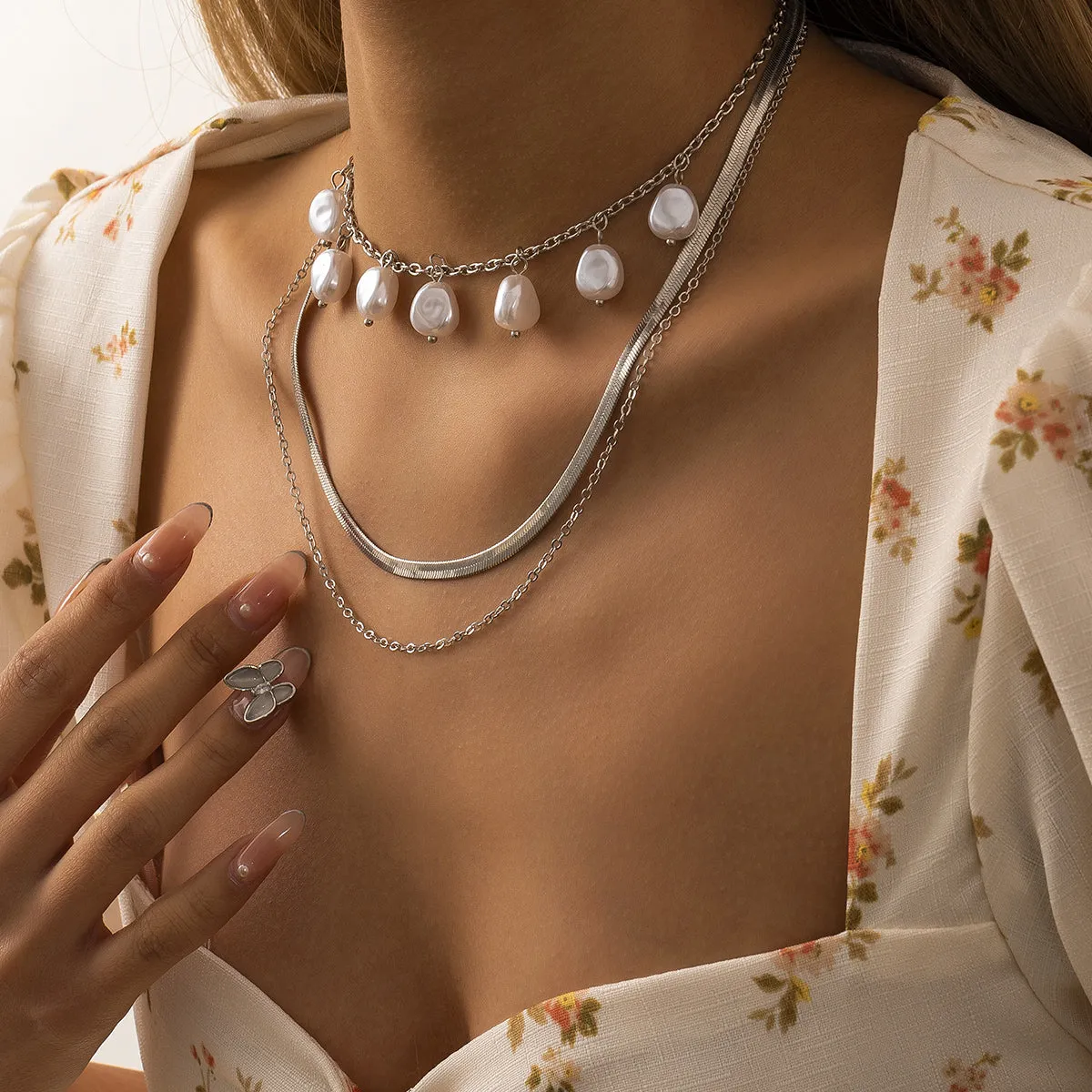 Pearl & Silver-Plated Drop Station Layered Chain Necklace