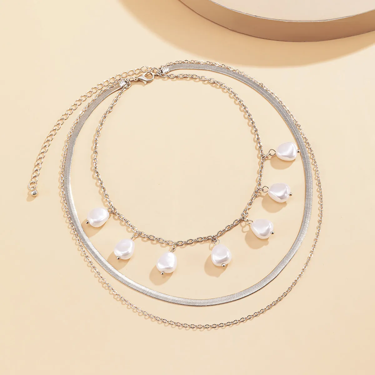Pearl & Silver-Plated Drop Station Layered Chain Necklace