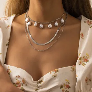 Pearl & Silver-Plated Drop Station Layered Chain Necklace