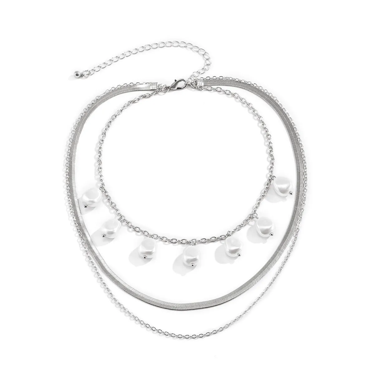 Pearl & Silver-Plated Drop Station Layered Chain Necklace