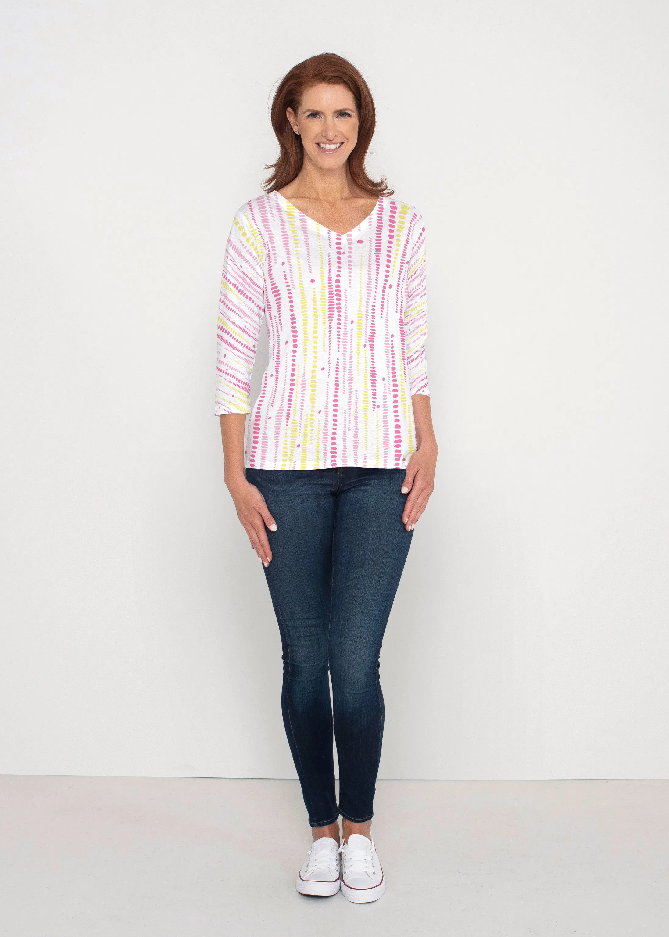Pebble Dots Pink (7938) ~ Signature 3/4 Sleeve V-Neck Top